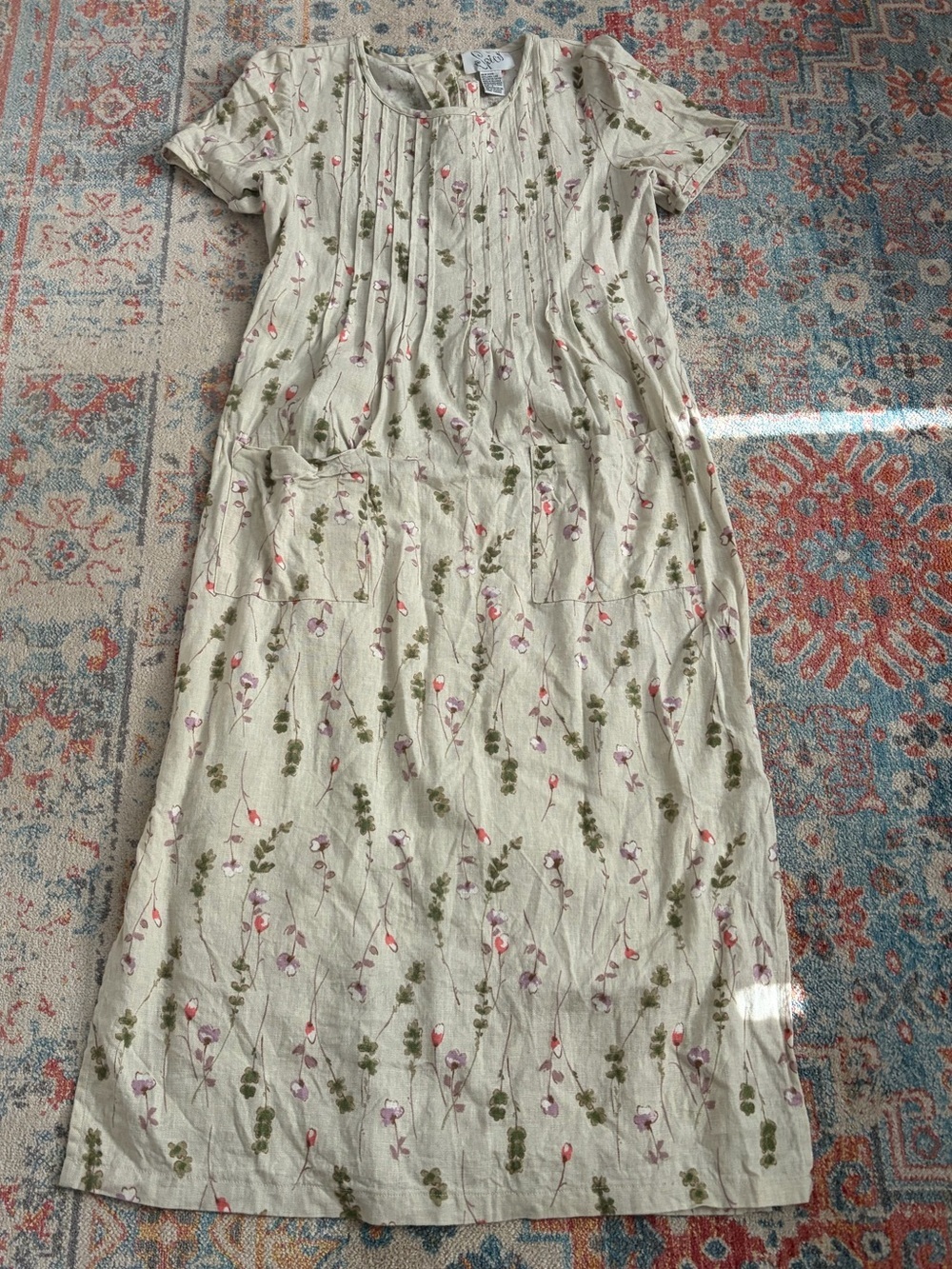 Vintage 90s linen floral print short sleeve dress